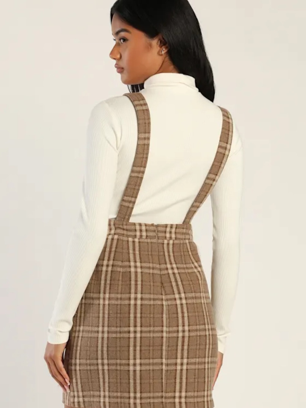 NWT Lulus Plaid Pinafore Mini Dress in Brown - Picture 3 of 10
